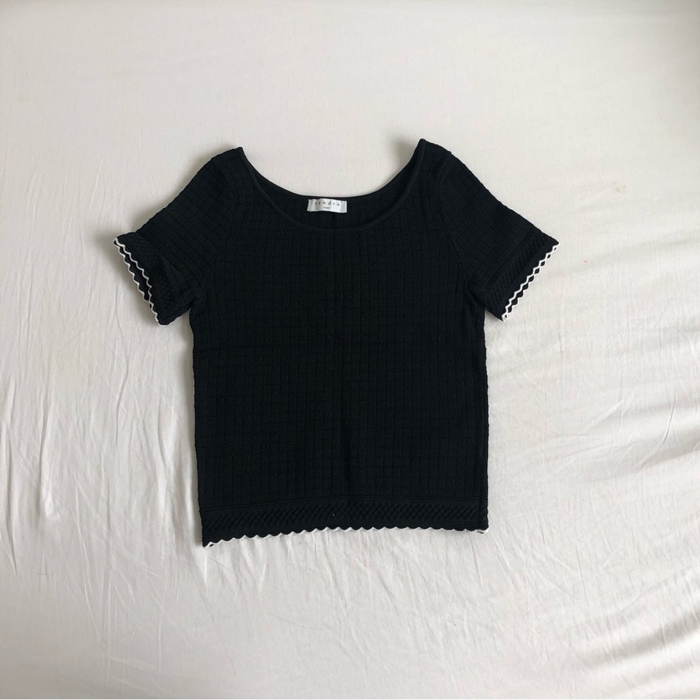Sandro Black Short Sleeve Knit Top with White Scalloped Trim